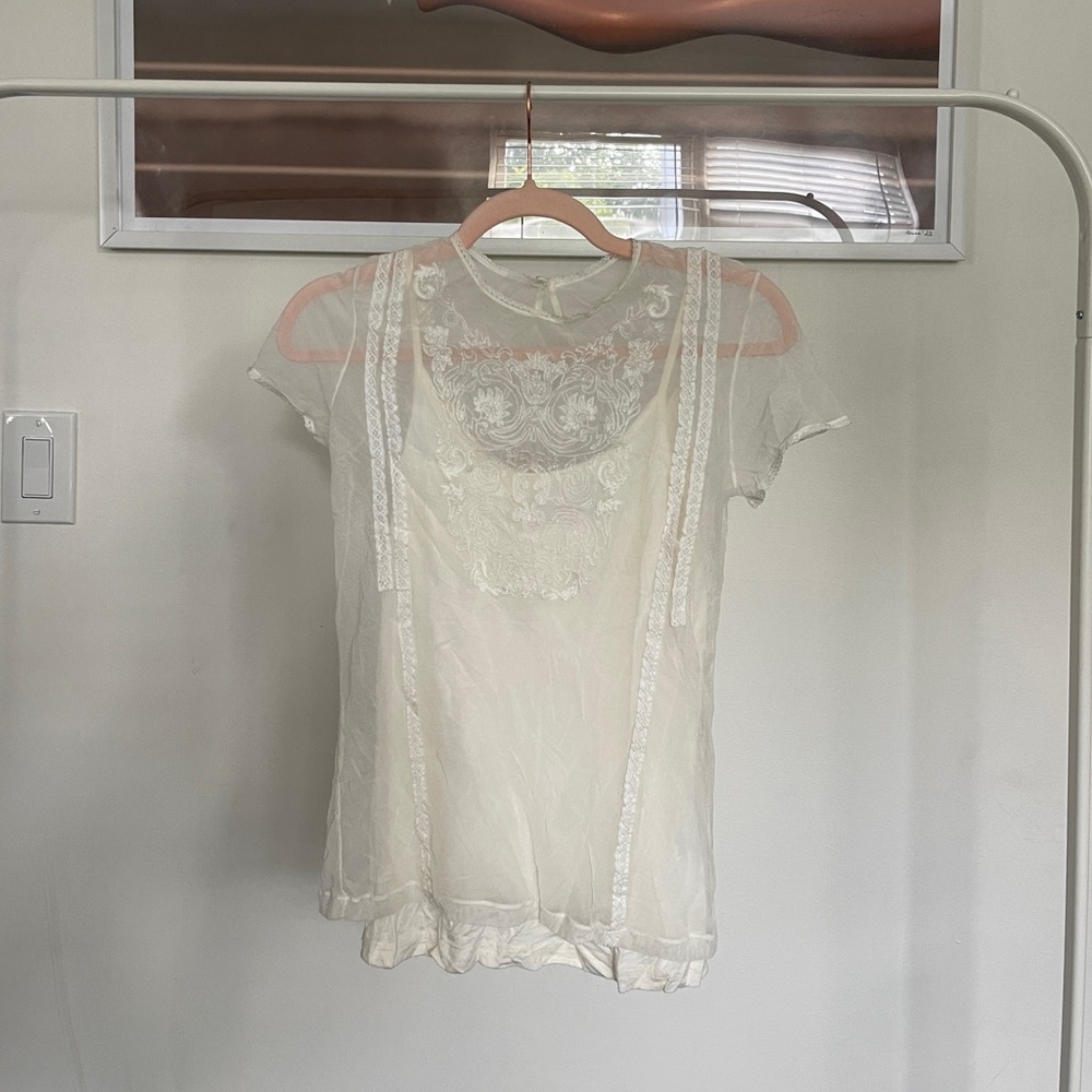 Sheer Ivory Lace Trim Short Sleeve Blouse